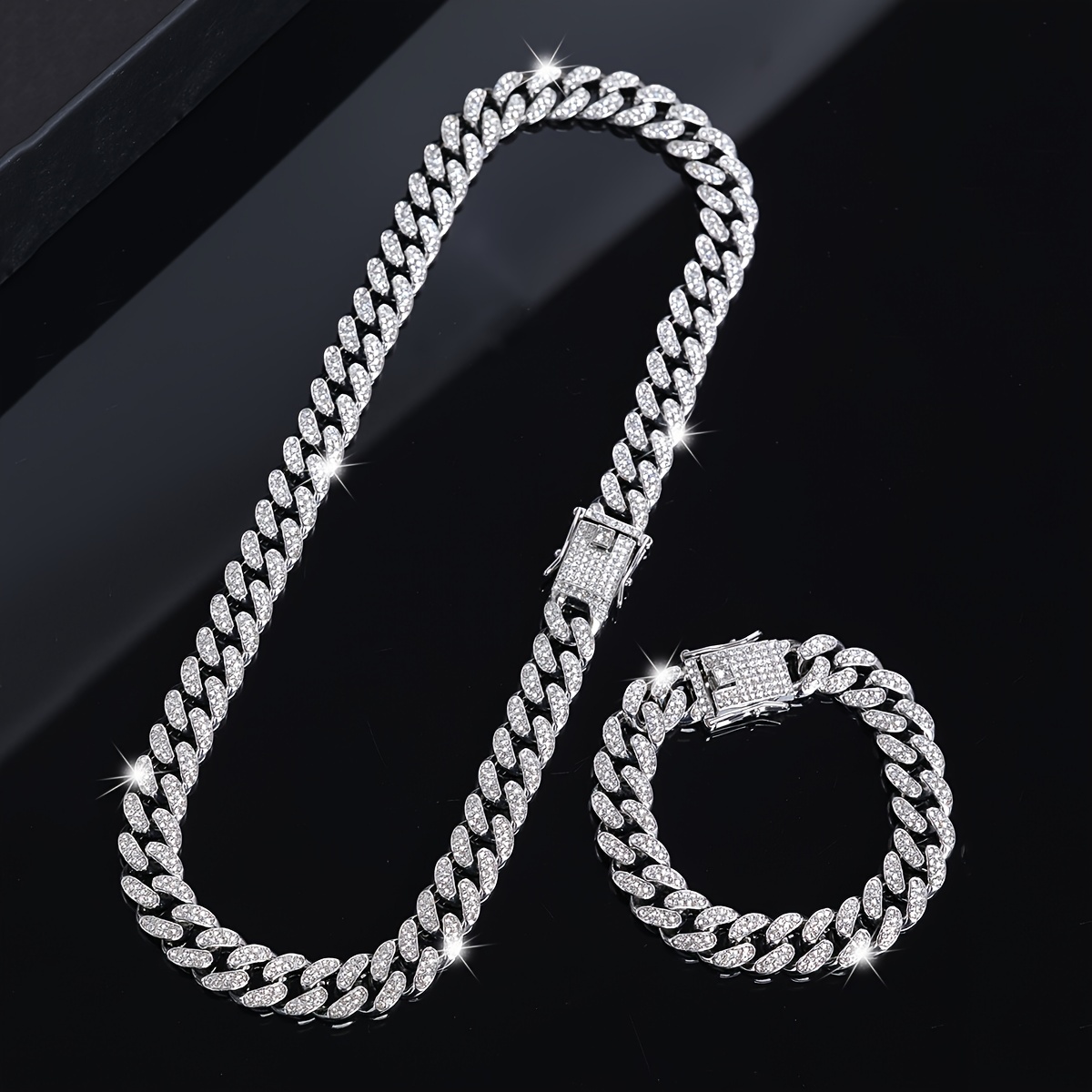 2pcs Exquisite Cuban Link Chain Necklace & Bracelet Set, Unisex